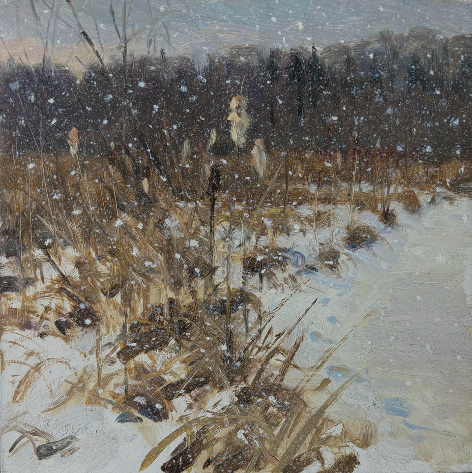 Snowy Cattails, a painting by Jeffrey T. Larson